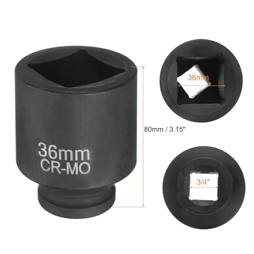 HARFINGTON 4 Point Square Socket 3/4" Drive 36mm Metric Square Impact Socket CR-MO Blackening Standard Wheel Sleeve Pneumatic Sleeve Tool for Auto Repair Mechanical Maintenance Home Use - size: 3/4"/36mm