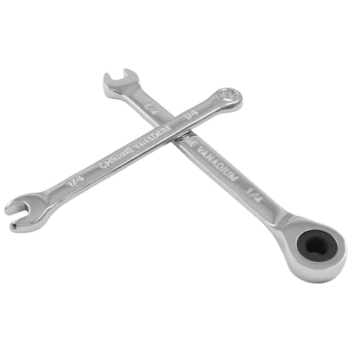1/4 Inch Ratcheting Wrench 2 Pcs 72-Tooth 12-Point Chrome Plated | Forged 45# Carbon Steel Durable, 5-Degree Arc For Tight Spaces, 12-Point Protects Fasteners, Polished Chrome Anti-Rust - size: 1/4 Inch