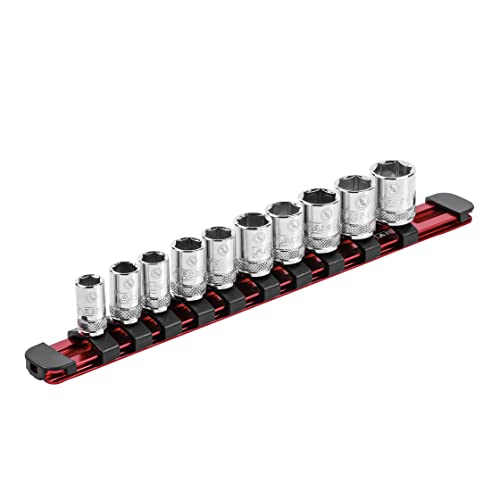 ARES 60097 1/4-In Red Socket Rail 9.84-In Locking | Part No. 60097; Aluminum Rail Stores up to 10 Sockets and Keeps Your Tool Box Organized - color: Red, size: 1/4-Inch Drive