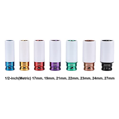 CASOMAN 1/2- Inch Drive Wheel Protector Impact Socket, Extra Thin Wall, Rim Protect Sleeves, 6 Point, Metric,17mm,19mm,21mm,22mm,23mm,24mm,27mm, 7 Pieces Set - size: 7PCS
