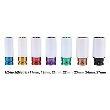 CASOMAN 1/2- Inch Drive Wheel Protector Impact Socket, Extra Thin Wall, Rim Protect Sleeves, 6 Point, Metric,17mm,19mm,21mm,22mm,23mm,24mm,27mm, 7 Pieces Set - size: 7PCS