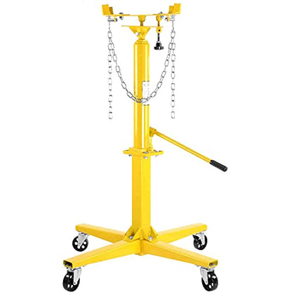 JEGS Transmission Jack | Hydraulic | Adjustable | 1000 LBS Capacity | High-Lift Handle Operated | Adjustable Load Arms | Yellow Steel Frame | 4 Caster Wheel Design | Adjustable Hydraulic Transmission Jack for automotive tools garage applications; steel co
