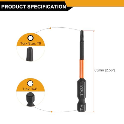 HARFINGTON 3pcs T9 Torx Head Screwdriver Bit 2.56" (65mm) Long 1/4" Hex Shank Magnetic No Hole Tamper Proof 6 Point Star Screw Driver Drill Bits Phosphate S2 Steel Industrial Power Tools - size: T9