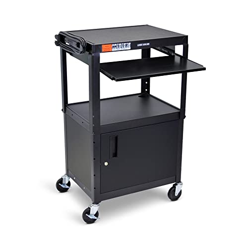 Stand Steady AV Cart with Locking Cabinet, Adjustable Height, UL Certified, Steel Frame, Black - color: Cabinet + Keyboard Tray, size: 24" L x 18" D x 42" H