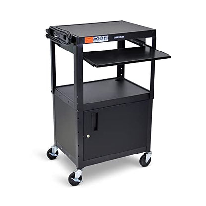 Stand Steady AV Cart with Locking Cabinet, Adjustable Height, UL Certified, Steel Frame, Black - color: Cabinet + Keyboard Tray, size: 24" L x 18" D x 42" H