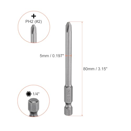 HARFINGTON 5pcs #2 Phillips Screwdriver Bit PH2 1/4" Hex Shank 3.15" (80mm) Long Magnetic S2 Steel Industrial Grade Screw Driver Bit Cross Head Electric Drill Bits 0.197" (5mm) Rod - size: PH2 x 80mm x 5mm