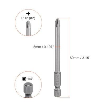HARFINGTON 5pcs #2 Phillips Screwdriver Bit PH2 1/4" Hex Shank 3.15" (80mm) Long Magnetic S2 Steel Industrial Grade Screw Driver Bit Cross Head Electric Drill Bits 0.197" (5mm) Rod - size: PH2 x 80mm x 5mm