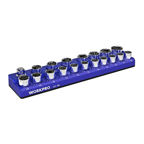WORKPRO Magnetic Socket Organizer, 1/2-Inch Metric Socket Holder | Hold 19-Piece Sockets, Suitable for Standard and Deep Socket, Magnetic Base, No Scratches Installation, Sockets not Included - size: 1/2" DR - Metric