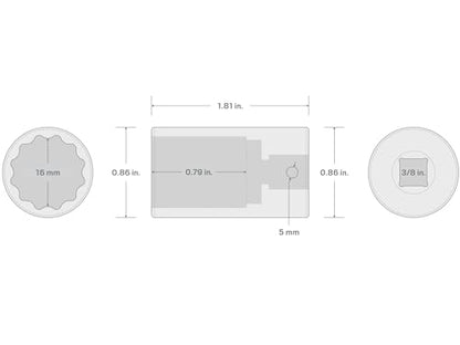TEKTON 3/8 Inch Drive x 16 mm Semi-Deep 12-Point Impact Socket | SID14316 - size: 3/8 Inch Drive, style: Semi-Deep