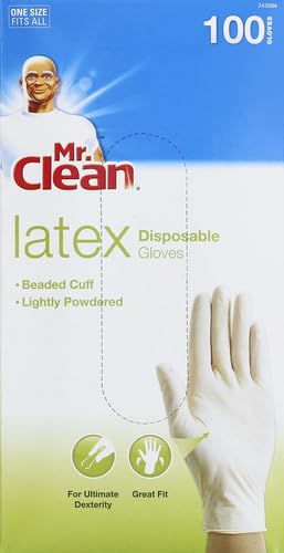 Mr Clean Latex Gloves Disposable Single Use Lightly Powdered Non-Sterile Multipurpose Uses One Size Fits Most Tear & Puncture Resistant Design 9.5-Inch Long with Beaded Cuff, 100-Count, Blue - size: 100 Count (Latex)