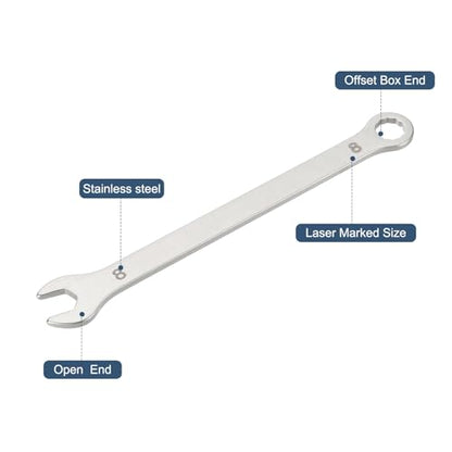 HARFINGTON 2Pcs Super Thin Combination Wrench 8mm Metric 12-Point Box and Open End Stainless Steel Double Ended Spanner Tool for Automotive Pipe Furniture Machinery DIY Repair, Silver - size: 8mm