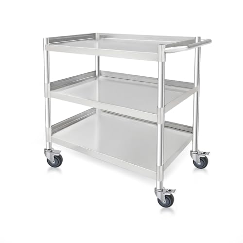 3-Shelf Stainless Steel Rolling Utility Cart - Heavy-Duty Metal Mobile Storage with Handle & Locking Wheels - Ideal for Kitchen, Medical, Lab, Restaurant & Home Use (19''x31''x34'') - size: 19''x31''x34''