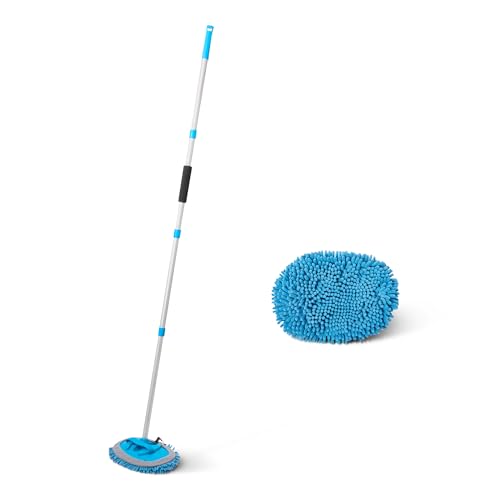 Amazon Basics Car Wash Brush with Long Handle, Scratch-Free Microfiber Mop Mitt, Swivel Head, Detachable Head, Extends to 62 inches with 4 Poles, for Car RV Truck, Blue