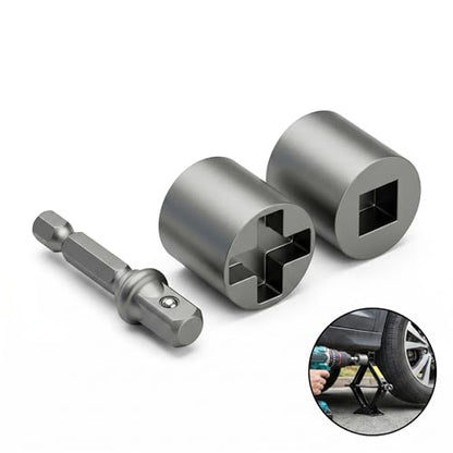 3 PCS Scissor Jack Adapter Set, Thickened Metal Turbo Jack Drill Adapter with Conversion Socket, for Hand Drill Automatic Jacks, Universal for Most Cars SUVs Trucks (Silver)
