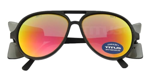 TITUS G35 Retro Aviator Z87 DOT ANSI CE Approved Safety Glasses | W/Protective Side Shields, UV400 Polycarbonate Lenses, Flexible Nylon Stems, Eye Protection, Sunglasses, Motorcycle, Shooting - color: Guava Rev Mirror Over Smoke