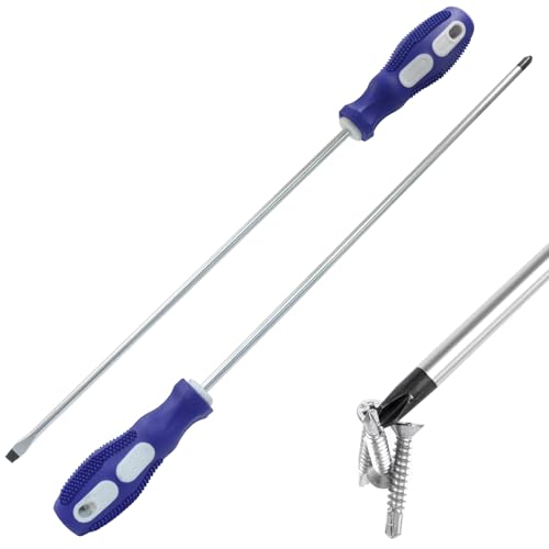 12-Inch Extra Long Slotted & Phillips Screwdriver Set, PH2 Magnetic Tip Flat Blade Cross-head Screwdrivers with Blue Rubber Handle (2-Pack) - size: Slotted & Phillips (Blue)