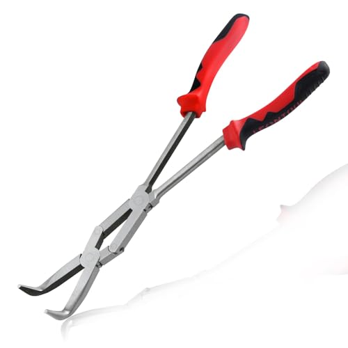 Long Reach 90 Degree Bent Nose Pliers 13-Inch Dual Pivot Double Joint Serrated Jaw Angled Needle Nose Extra Extended for Narrow Spaces and Limited Areas - style: 90 Degree Bent Nose