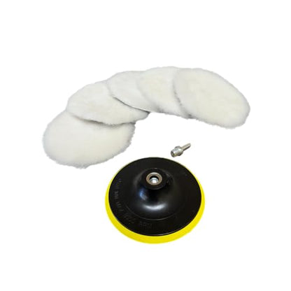 Lambswool Polishing Pads Sheepskin Buffing Pads, 7 Piece Set. Includes 5 Lambs Wool Cutting Pads with Hook, 1 Backing Plate and 1 Drill Attachment - Wool Buffs (5 Inch) - size: 5 Inch