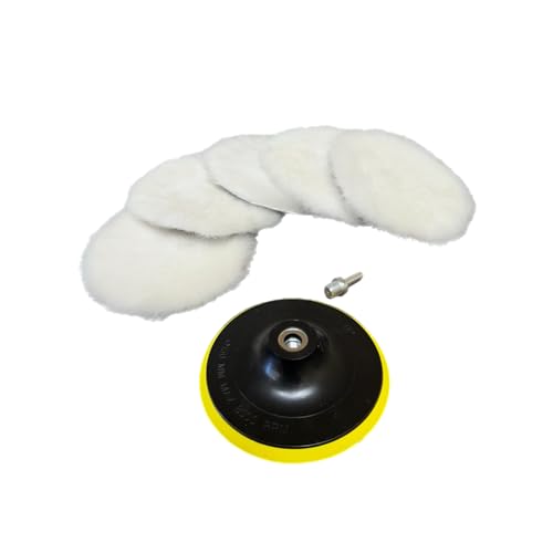 Lambswool Polishing Pads Sheepskin Buffing Pads, 7 Piece Set. Includes 5 Lambs Wool Cutting Pads with Hook, 1 Backing Plate and 1 Drill Attachment - Wool Buffs (6 Inch) - size: 6 Inch