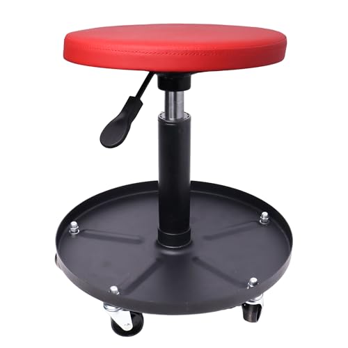 Mechanic Stool, 300 LBS Rolling Pneumatic Creeper Garage/Shop Seat, Adjustable Height Padded Rolling Workshop Stool with Tool Tray, for Garage, Shop, Auto Repair (Red) - color: Red