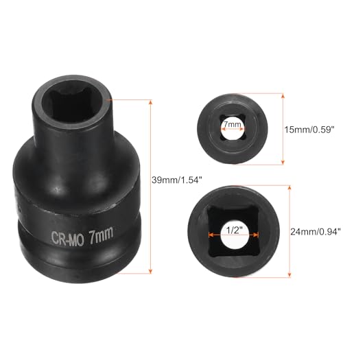 HARFINGTON 4 Point Square Socket 1/2" Drive 7mm Metric Square Impact Socket CR-MO Blackening Standard Wheel Sockets Pneumatic Socket Tool for Auto Repair Mechanical Maintenance Home Use - size: 7mm