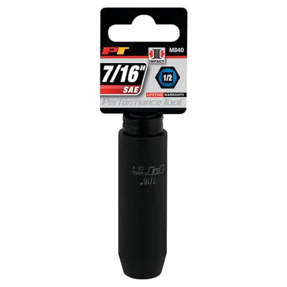Performance Tool M840 1/2 Drive Impact Socket, 7/16 - Durable and Reliable Socket for Heavy-Duty Tasks with High Torque Requirements - size: 7/16", style: Deep Wall Impact