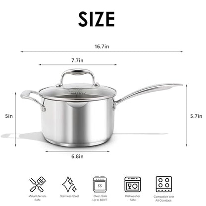 Rorence Stainless Steel Saucepan Sauce Pan with Pour Spout & Glass Lid with Strainer - 3.7 Quart - size: 3.7 Quart