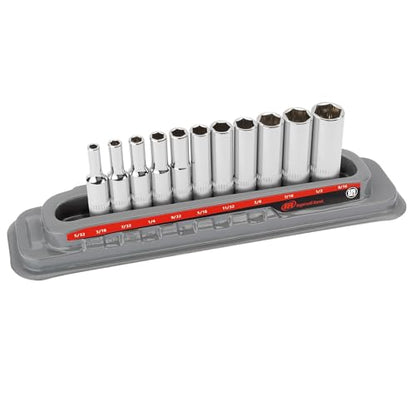 Ingersoll Rand 11 Pc. 1/4" Drive Deep Socket Set, SAE 6-Point, Chrome Vanadium Steel, 5/32"–9/16" with Storage Tray – 752046X - size: 1/4 in. Drive Deep Socket Set, style: SAE