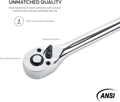 Neiko 03034A 3/8” Drive Extra Long Ratchet | 18” Length | 72 Tooth Gear | Cr-Mo Head | CR-V Steel - size: 3/8" Drive, style: Ratchet