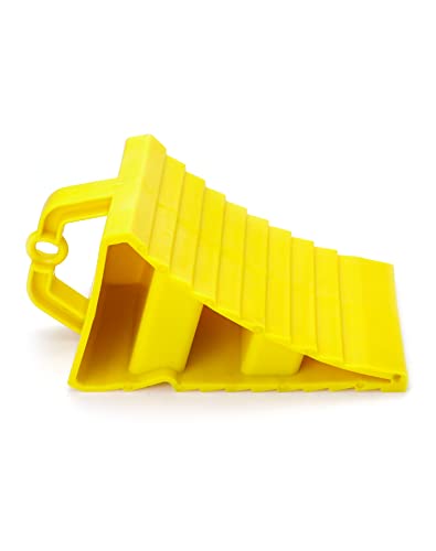 QWORK RV Wheel Chocks, 4 Pack Heavy Duty Car RV Tire Chocks Camper Chocks with Handle and Rope, Car Truck Stopper for Travel Trailers, Camper, Cars, Truck, Yellow