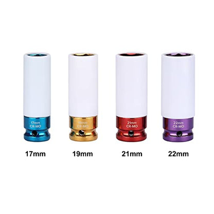 EMENTOL 4PCS 1/2" Drive Thin-Walled Impact Drive Lug Nut Socket Set, CR-MO, Metric, Protective Wheel Impact Socket Set-17mm, 19mm, 21mm, 22mm - size: 4PCS