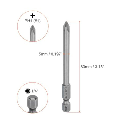 HARFINGTON 5pcs #1 Phillips Screwdriver Bit PH1 1/4" Hex Shank 3.15" (80mm) Long Magnetic S2 Steel Industrial Grade Screw Driver Bit Cross Head Electric Drill Bits 0.197" (5mm) Rod - size: PH1 x 80mm x 5mm