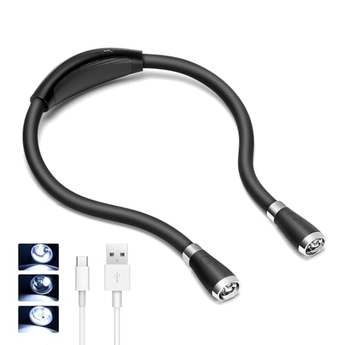LED Neck Book Light USB Rechargeable, Hands Free, 4 Super Bright LED Bulbs, 3 Adjustable Brightness, Best for Reading in Bed, Knitting, Walking, Jogging, Mending in Night (Black) - color: Black