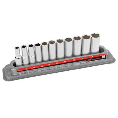 Ingersoll Rand 11-Piece 3/8 in. Drive Metric Deep Socket Set – 6-Point, Sizes 8mm to 19mm, Mirror-Polished Chrome Vanadium Steel with Vertical Knurling and Thermoform Tray – 752049X - size: 3/8 in. Drive Deep Socket Set, style: Metric
