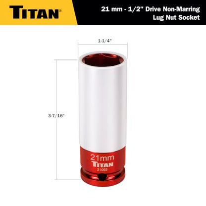 Titan 21093 1/2-Inch Drive x 21mm Non-marring Impact Deep Lug Nut Socket - size: 21mm