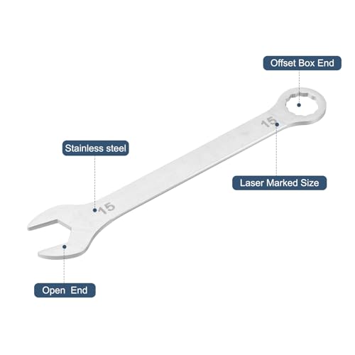 HARFINGTON 2Pcs Super Thin Combination Wrench 15mm Metric 12-Point Box and Open End Stainless Steel Double Ended Spanner Tool for Automotive Pipe Furniture Machinery DIY Repair, Silver - size: 15mm
