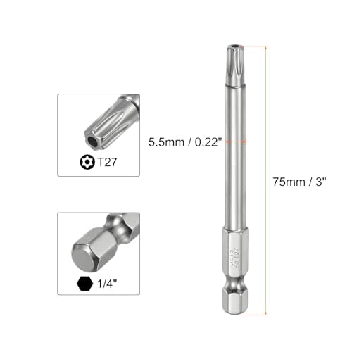 HARFINGTON 2pcs T27 Security Torx Bit 1/4" Hex Shank 3" Long S2 Steel Magnetic Tamper Resistant Star Bits Screwdriver Torx Head with Hole for Driver Drill Bits Remove Fastening Screws - size: T27