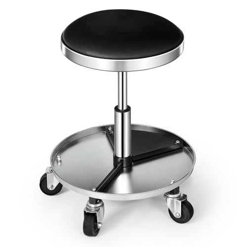 Magshion Adjustable Rolling Mechanic Stool with Wheels – 300 lbs Capacity, Pneumatic Height Adjustment, Padded Seat & Tool Tray for Garage, Shop & Workshop (Black)