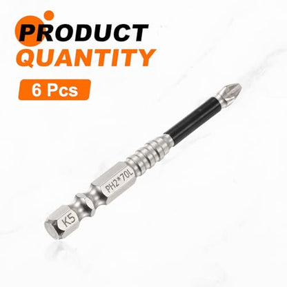 HARFINGTON 6pcs Impact Phillips Screwdriver Bit PH2 (#2) Anti Slip Tip 1/4" Hex Shank 2.76" (70mm) Long Magnetic Cross Screw Driver Industrial Power Drill Bits for Remove Fastening Screws - size: 2.76 inch