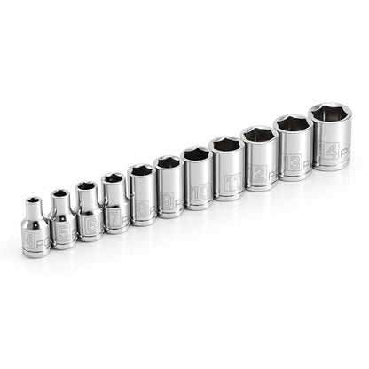 Powerbuilt 11 Piece Metric Shallow Socket Set, 1/4-Inch Drive, 6 Point, Dual Grease Rings, Size Markings - 640498, Silver - size: Metric