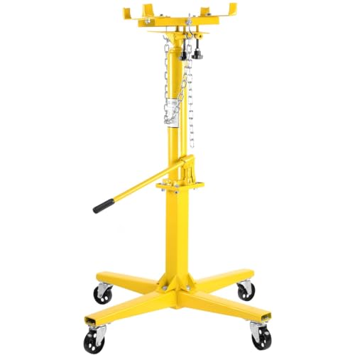 JEGS Transmission Jack | Hydraulic | Adjustable | 1000 LBS Capacity | High-Lift Handle Operated | Adjustable Load Arms | Yellow Steel Frame | 4 Caster Wheel Design | Adjustable Hydraulic Transmission Jack for automotive tools garage applications; steel co