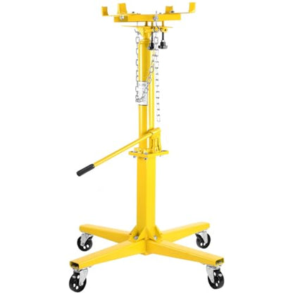 JEGS Transmission Jack | Hydraulic | Adjustable | 1000 LBS Capacity | High-Lift Handle Operated | Adjustable Load Arms | Yellow Steel Frame | 4 Caster Wheel Design | Adjustable Hydraulic Transmission Jack for automotive tools garage applications; steel co