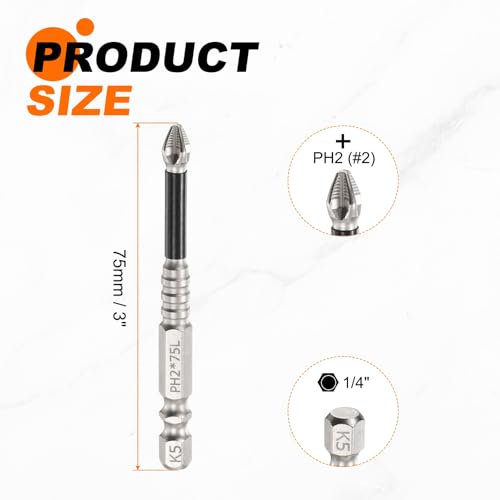 HARFINGTON 6pcs Impact Phillips Screwdriver Bit PH2 (#2) Anti Slip Tip 1/4" Hex Shank 3" (75mm) Long Magnetic Cross Screw Driver Industrial Power Drill Bits for Remove Fastening Screws - size: 3 inch
