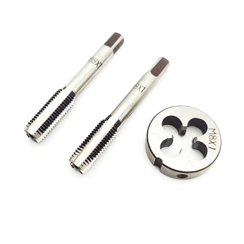 AtticZone M8 x 1.0 Metric Hand Thread Tap and Die Set, Right Hand 8 * 1.0, Alloy Tool Steel, 1 Taper Tap, 1 Plug Tap, 1 Round Die for Metal Working DIY Industrial - size: M8x1.0