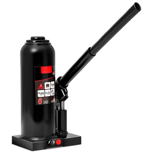 6-Ton Automotive Welded Hydraulic Bottle Jack for Vehicle Repairs, Pickups, & Trucks, Featuring a Manual Handle - 13228 lbs Capacity CAAP-TOLS-BJK-6T-BK