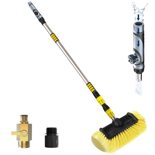 LAANPOLE 12FT Car Wash Brush with Long Handle, Car Cleaning Brush with 12 Inch Soft Bristle and Soap Dispenser, Solar Panels Cleaner with Telescoping Pole for RV, Truck, Boat, House Siding, Yellow - color: Yellow