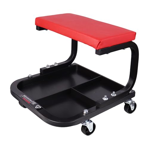 Rolling Creeper Garage/Shop Seat, Padded Rolling Workshop Stool with Tool Tray Storage, Mechanic Stool for Garage, Shop, Auto Repair, 250 LBS Capacity, Red - color: Red