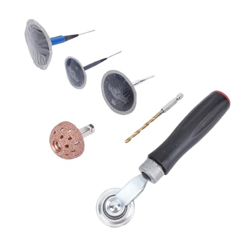 Keenso Tire Repair Patch Tool Kit, Complete Tire Repair Plug Kit with Tungsten Alloy Grinding Wheel, Roller and 4mm Spiral Drill Bit, for Cars Trucks Bikes Scooters