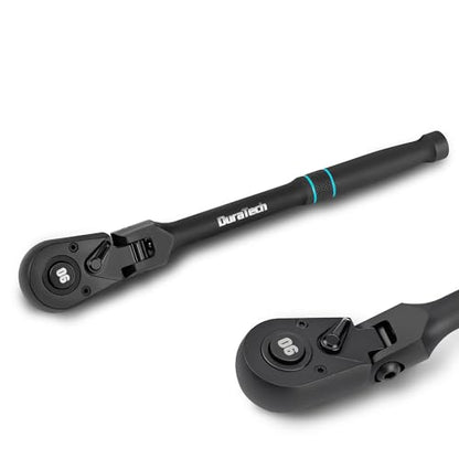DURATECH 3/8-Inch Drive Flex-Head Ratchet, 90-Tooth Quick-Release Ratchet Wrench with 180° Pivoting Head and 7-Position Setting, Reversible, CR-V Made, CR-MO Head, 4° Swing, Black Mn Phosphate Finish - size: 3/8"(Black)