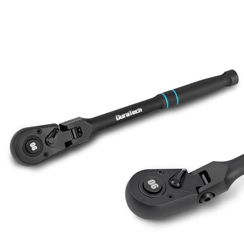 DURATECH 3/8-Inch Drive Flex-Head Ratchet, 90-Tooth Quick-Release Ratchet Wrench with 180° Pivoting Head and 7-Position Setting, Reversible, CR-V Made, CR-MO Head, 4° Swing, Black Mn Phosphate Finish - size: 3/8"(Black)
